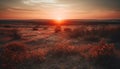 Vibrant sunrise over tranquil meadow and forest generated by AI