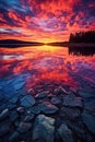 vibrant sunrise reflecting on a calm lake surface