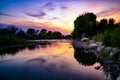 Vibrant Sunset along the Truckee River near Reno Nevada. Royalty Free Stock Photo