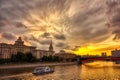 Vibrant sunset cityscape. Moscow river landscape with dramatic skies