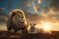 vibrant sunset featuring a large lion and white lamb living in harmony. Innocence and Sacrifice. Lion of Judah