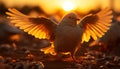 A vibrant sunset illuminates the freedom of one pigeon flight generated by AI