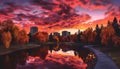 Vibrant sunset illuminates tranquil nature, reflecting on cityscape skyscrapers generated by AI Royalty Free Stock Photo