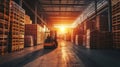 Vibrant sunset illuminates warehouse scene with forklift transporting stacked pallets Royalty Free Stock Photo
