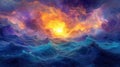 Vibrant Sunset Landscape with Blue Mountains and Fire Clouds Royalty Free Stock Photo