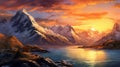 Vibrant Sunset Landscape Painting: Majestic Mountains And Serene Lake