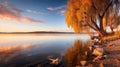 Vibrant Sunset Landscape: Willow Tree By The Lake Royalty Free Stock Photo