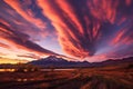 vibrant sunset with lenticular clouds over a mountain range