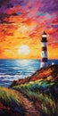 Vibrant Sunset Lighthouse Painting On Large Canvas