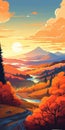 Vibrant Sunset Mountain Landscape Illustration: Glen With Forest And Dunes