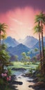 Vibrant Sunset Oasis Painting With Palm Trees And Mountains