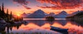 Vibrant sunset over-beautiful mountain lake. Colorful sunset, calm lake, shimmering reflections. Generative AI