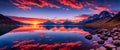 Vibrant sunset over-beautiful mountain lake. Colorful sunset, calm lake, shimmering reflections. Generative AI