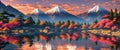 Vibrant sunset over-beautiful mountain lake. Colorful sunset, calm lake, shimmering reflections. Generative AI