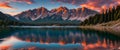 Vibrant sunset over-beautiful mountain lake. Colorful sunset, calm lake, shimmering reflections. Generative AI