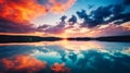 A vibrant sunset over a calm lake.