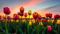 Vibrant Sunset Over Colorful Tulip Field in Spring Royalty Free Stock Photo
