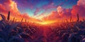 Vibrant sunset over cornfield with dramatic clouds and rich colors Royalty Free Stock Photo