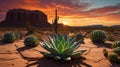Desert bloom at sunset with cactus, rocks and red sky, Arizona landscape view Royalty Free Stock Photo