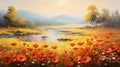 Vibrant Sunset over Tranquil Flowering Field Landscape generated by AI tool Royalty Free Stock Photo