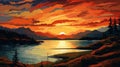 Vibrant Sunset Over Lake: Whistlerian Style Graphic Illustration