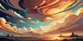A Vibrant Sunset Over a Mystical Landscape with Swirling Clouds Royalty Free Stock Photo