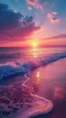 Vibrant sunset over the ocean with dramatic clouds and reflective shoreline Royalty Free Stock Photo