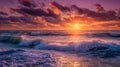 Vibrant sunset over the ocean waves with dramatic clouds reflecting warm orange and purple hues creating a serene and dynamic Royalty Free Stock Photo