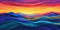 A vibrant sunset over rolling hills, where the colors blend magically, capturing