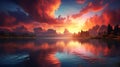 A vibrant sunset over a tranquil lake, reflecting the warm colors of the sky Royalty Free Stock Photo