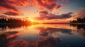 A vibrant sunset over a tranquil lake, reflecting the warm colors of the sky Royalty Free Stock Photo