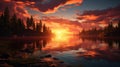 A vibrant sunset over a tranquil lake, reflecting the warm colors of the sky Royalty Free Stock Photo