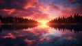 A vibrant sunset over a tranquil lake, reflecting the warm colors of the sky Royalty Free Stock Photo