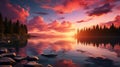 A vibrant sunset over a tranquil lake, reflecting the warm colors of the sky Royalty Free Stock Photo