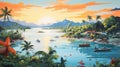 Vibrant Sunset Painting Of Vietnam Coastal Scene With Boats On Calm Waters Royalty Free Stock Photo