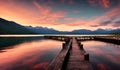 A vibrant sunset paints the sky over a serene lake. Generative AI