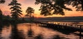 A vibrant sunset paints the sky over a tranquil forest lake pier Generative AI