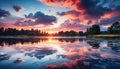 Vibrant sunset reflects on tranquil water, nature serene beauty generated by AI Royalty Free Stock Photo