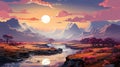 Vibrant Sunset Scene In Rocky Valley - Abstract Landscape Illustration