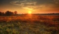 Vibrant sunset silhouettes tree in idyllic meadow generated by AI