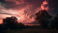 Vibrant sunset silhouettes tree on rural horizon, moody autumn atmosphere generated by AI