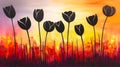 Vibrant Sunset Silhouettes: Tulips Against Fiery Sky Backdrop. Royalty Free Stock Photo