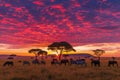 Vibrant Sunset Sky Over Elephants and Zebras in Savannah. Generative AI Royalty Free Stock Photo