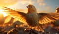 A vibrant sunset, a small pigeon spreads its wings in freedom generated by AI