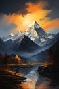 Vibrant Sunset Splendor: A Majestic Mountain Lake Painting in Fi Royalty Free Stock Photo