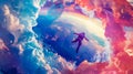 Astronaut floating through a vibrant, surreal space-sky with rainbow and clouds