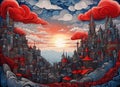 Vibrant surreal cityscape with colorful clouds floating above the buildings. AI-generated.