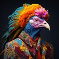 Vibrant And Surreal Fashion: Close-up Photo Of A Turkey In Colorful Costume