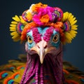 Vibrant And Surreal Fashion: Close-up Photo Of A Turkey With Colorful Flowers