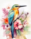 Vibrant surreal flowers surround small tropical bird, creating beautiful and colorful composition